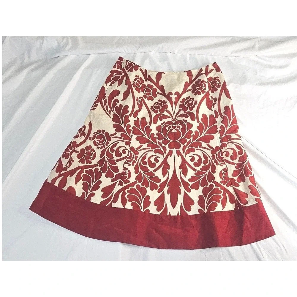 NWT Ann Taylor‎ Petites Red Damask Floral Silk Blend A-Line Skirt 0P